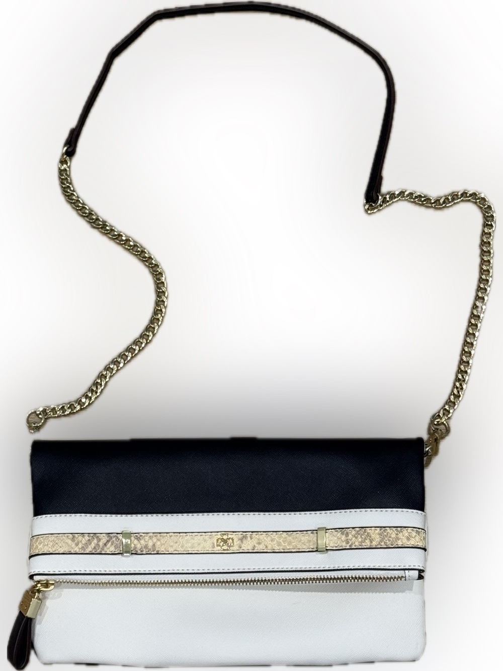 Anne Taylor Black White Crossbody Bag Gold Chain Snakeskin Accent